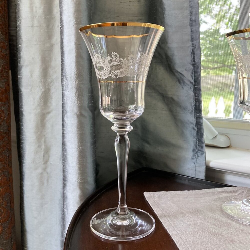 MIKASA "Antique Lace" Water Glass Goblet, Gold Trim, Etched Floral Banding